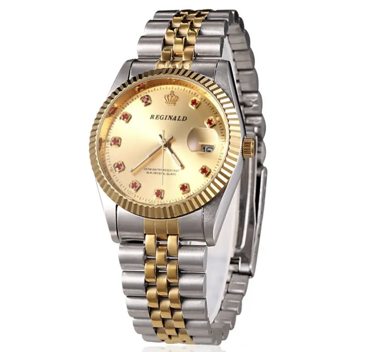 Reginald Mens Wrist Watch Gold Silver Red Analog Quartz New Battery. New