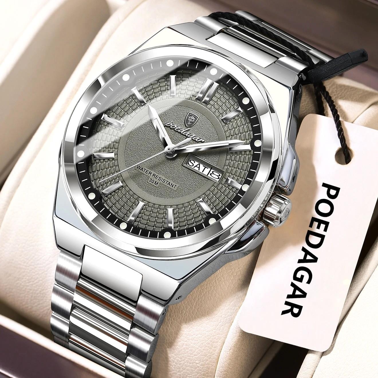 43MM POEDAGAR Quartz Watch Day-Date Men’s Stainless 30M Waterproof Luminous NEW