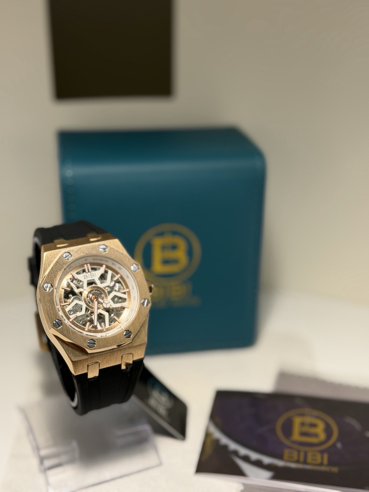 BIBI Skeleton Automatic Watch Rose Gold Black Silicone Strap 41.5mm! SLEEK! NEW!