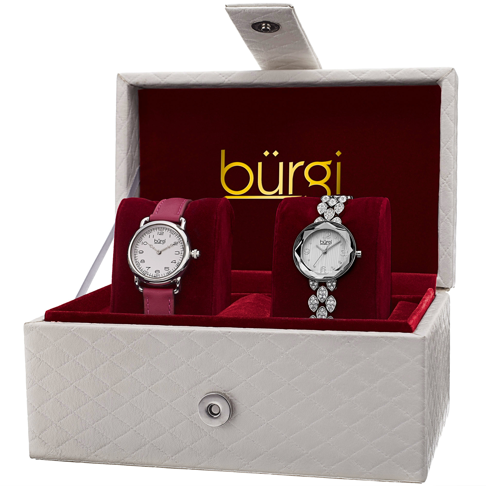 Women’s Burgi BUR133SS Silver-tone Quartz Swarovski Crystal Leather Watch Set