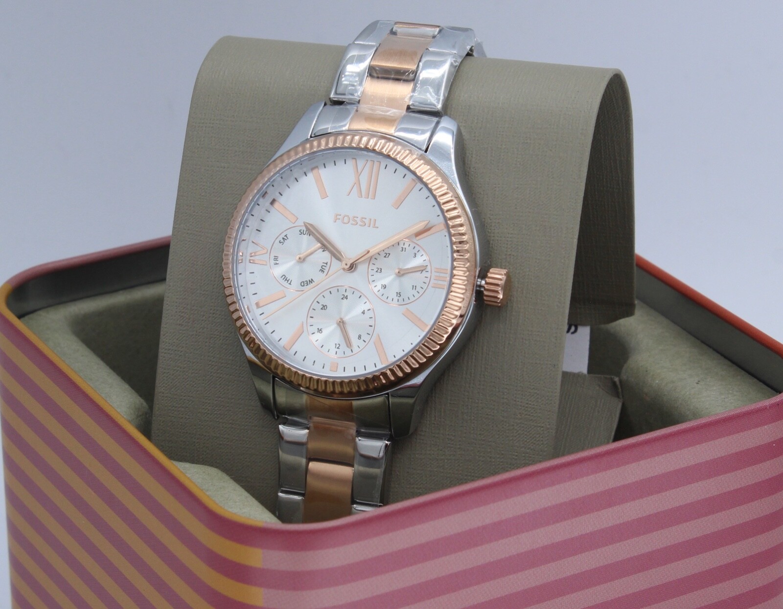 NEW AUTHENTIC FOSSIL RYE MULTIFUNCTION SILVER ROSE GOLD WOMEN’S BQ3761 WATCH