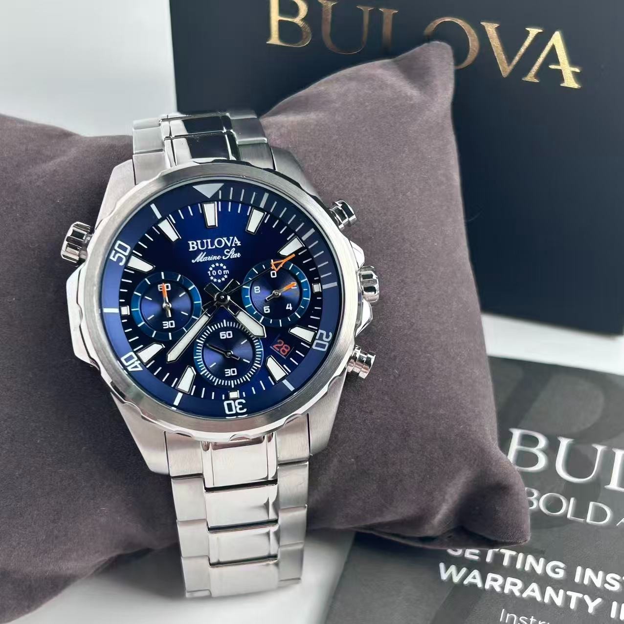 New Bulova Marine Star 96B256 Blue Dial Men’s Chronograph Quartz Watch 43 mm