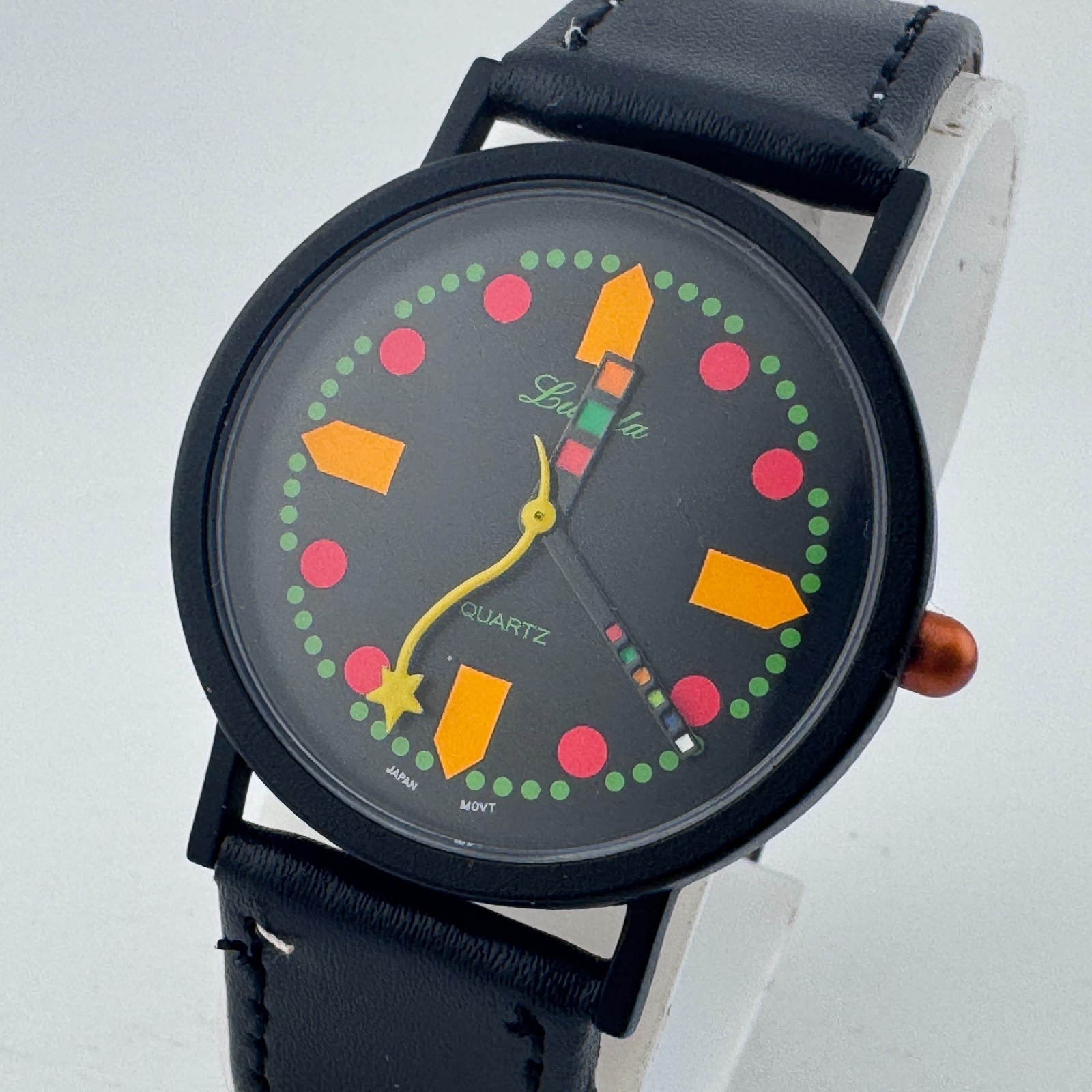 VTG Lucida Quartz Watch Unisex Black Neon Color Dial Leather Analog New Battery