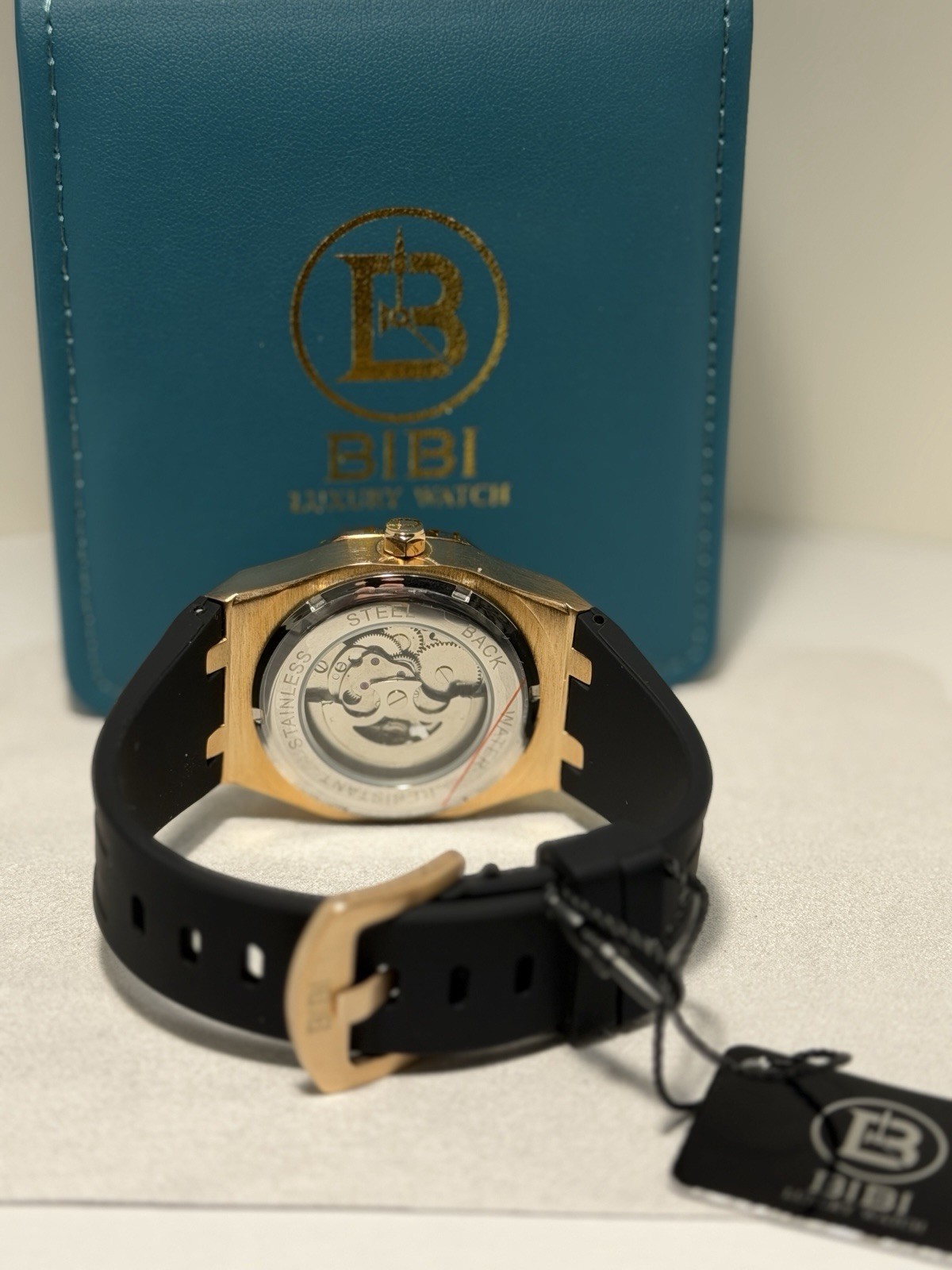 BIBI Skeleton Automatic Watch Rose Gold Black Silicone Strap 41.5mm! SLEEK! NEW!