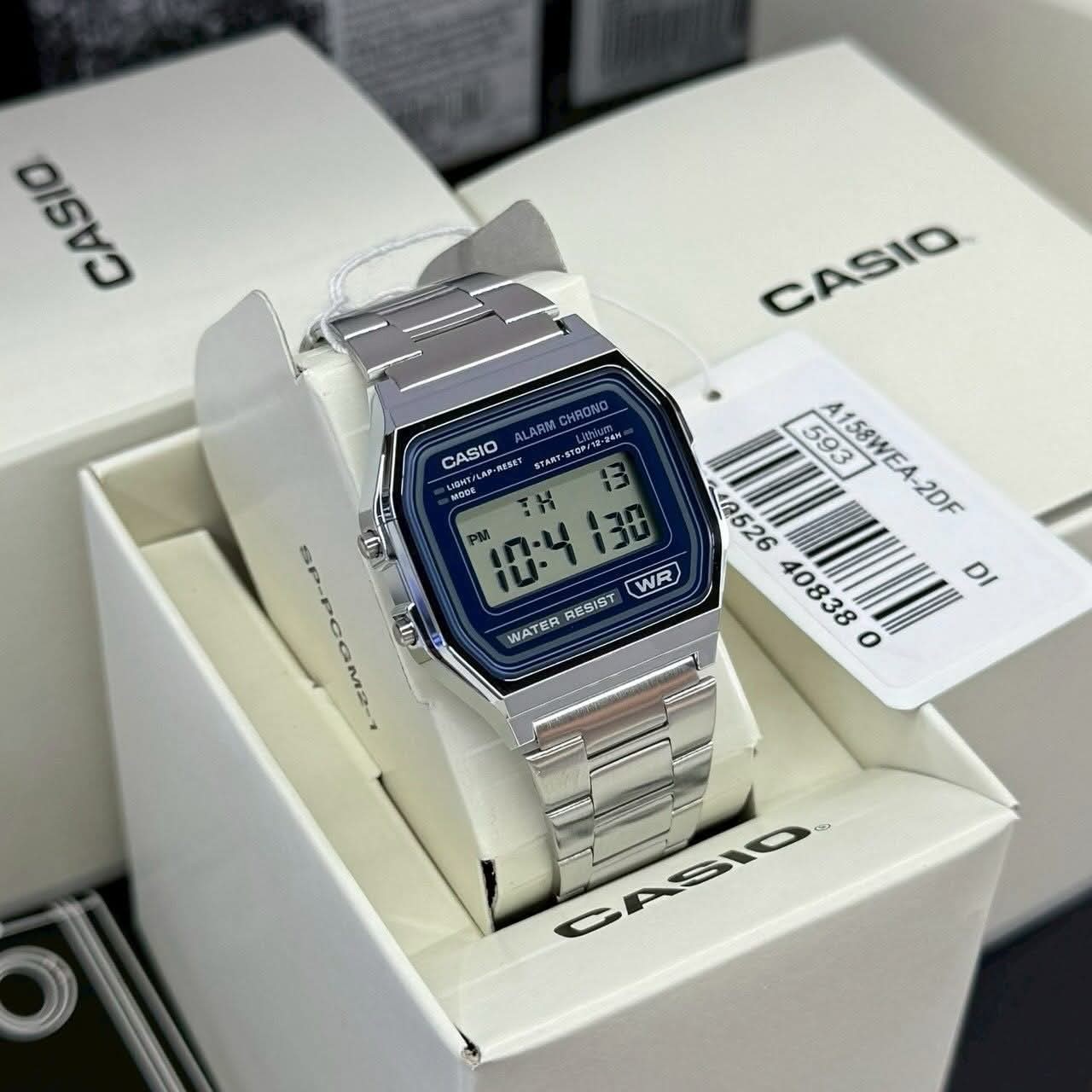 Casio A158WEA-2DF Blue Dial Digital Watch Stainless Steel Band Alarm Chrono WR
