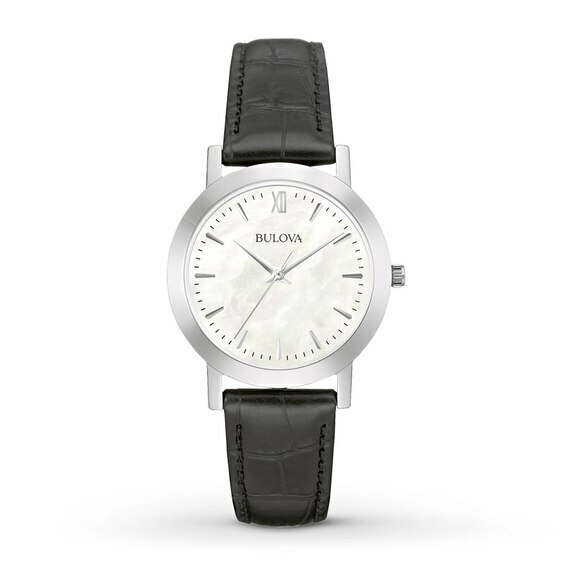 Bulova 96X132 Silver Tone White MOP Dial Black Leather Strap Womens Dress Watch