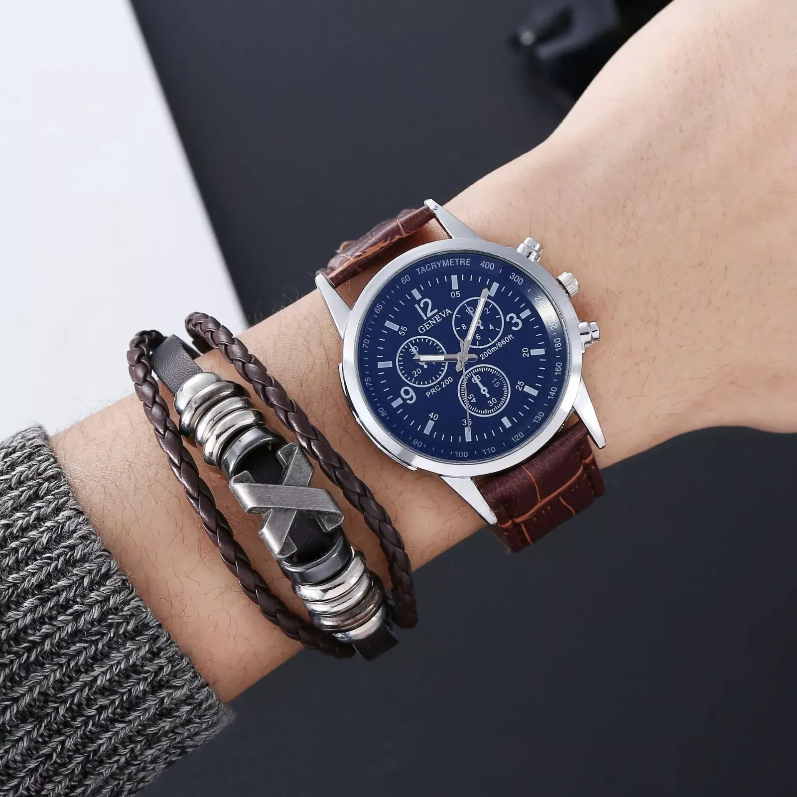 Classy Watch/Bracelet Combo Gift Set ||Black/Brown, Metal Beads, White/Blue face