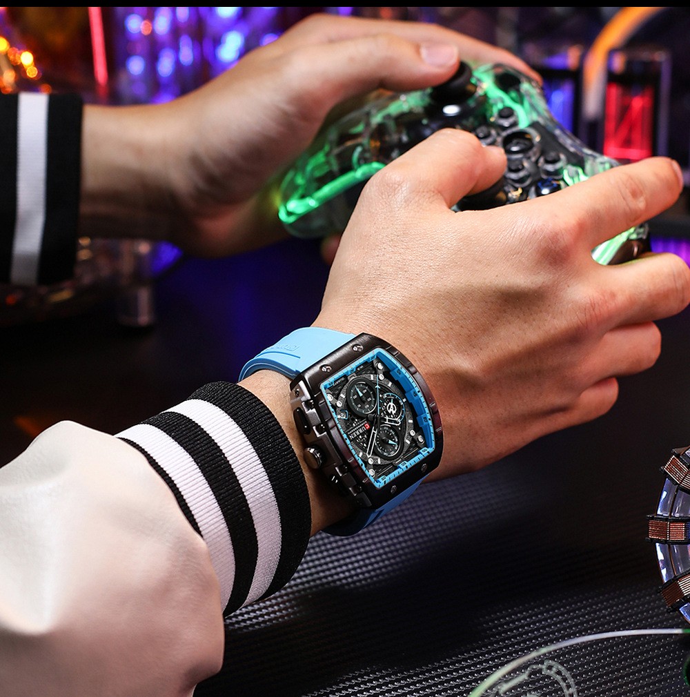CURREN Men Sport Watch Rectangular Large Dial Hollow Skeleton Leather Waterproof