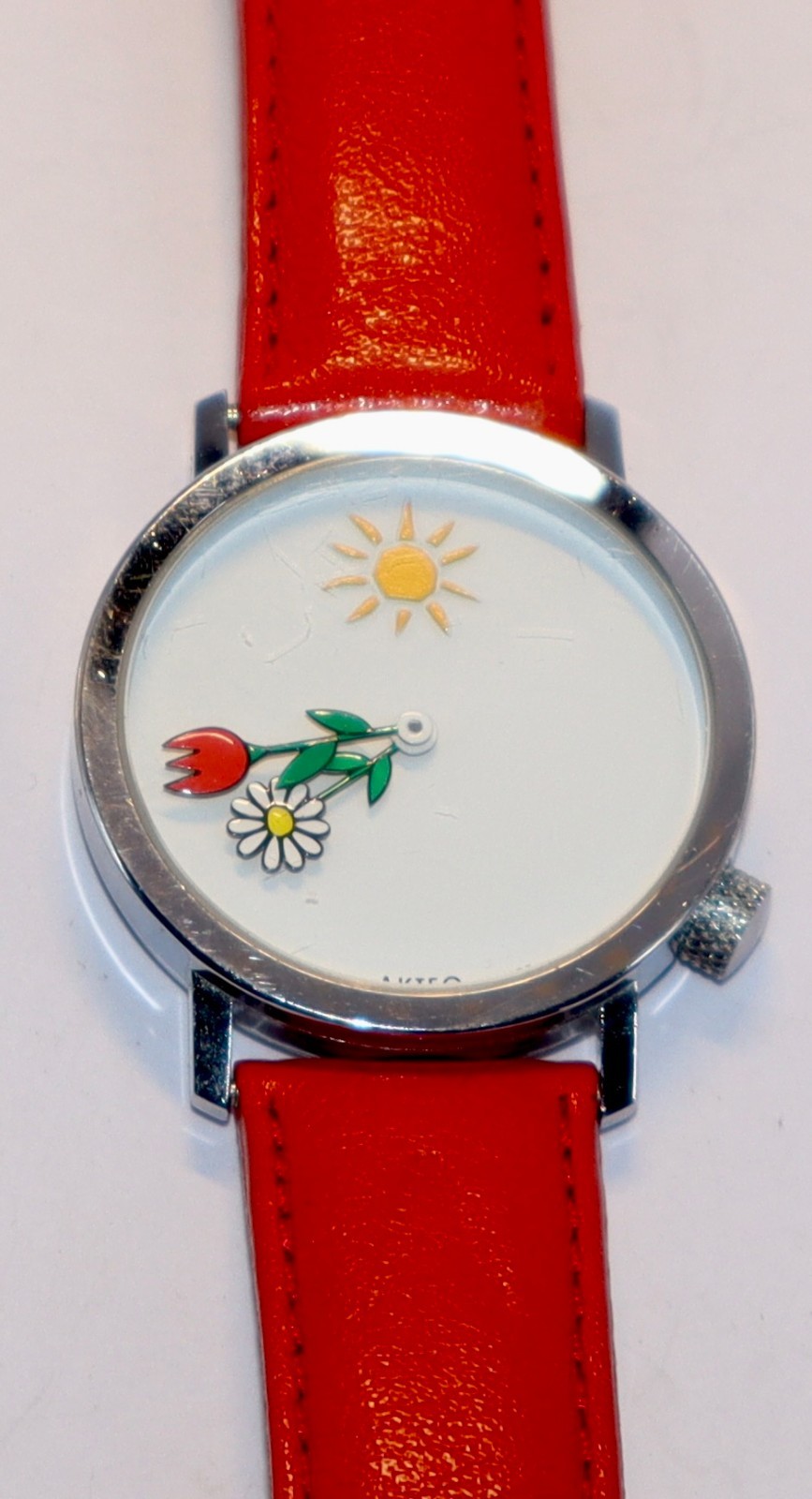Akteo J.C. Mareschal Flower Theme Watch Flowers & Sunshine Red Leather Band
