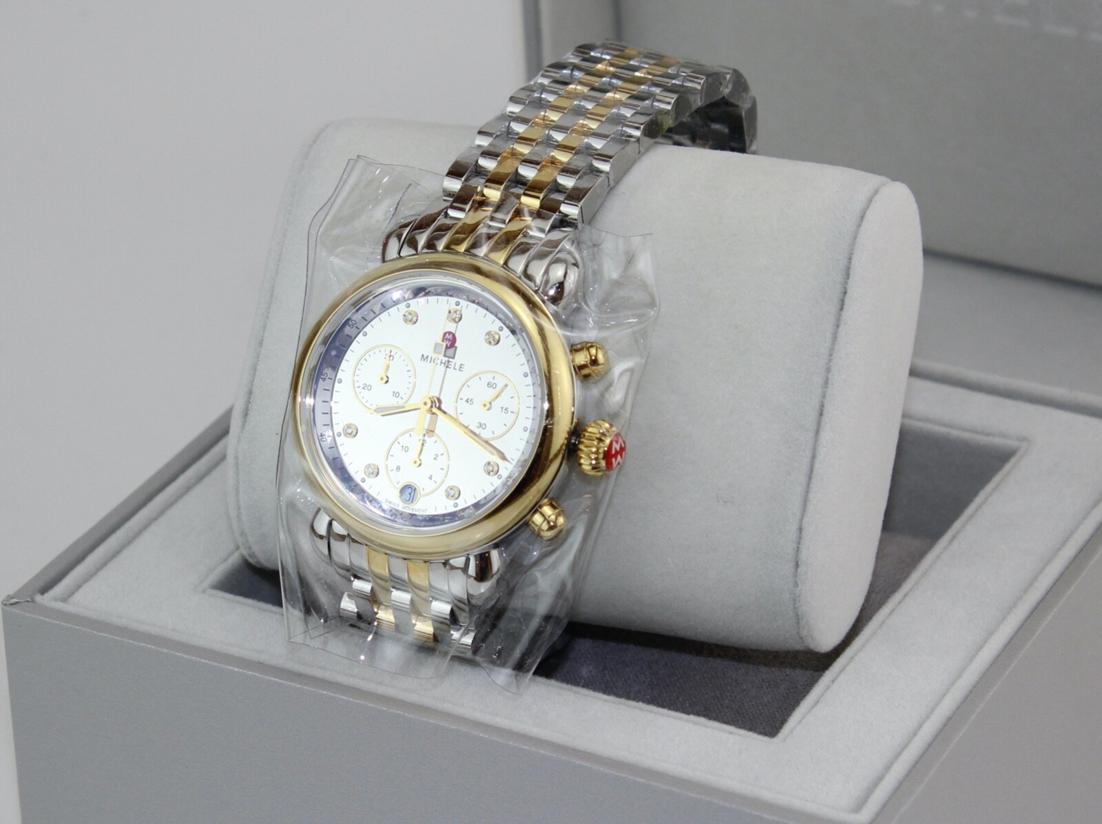 NEW AUTHENTIC MICHELE CSX 36 SILVER GOLD MIRROR CHRONO MWW03C000519 WOMENS WATCH