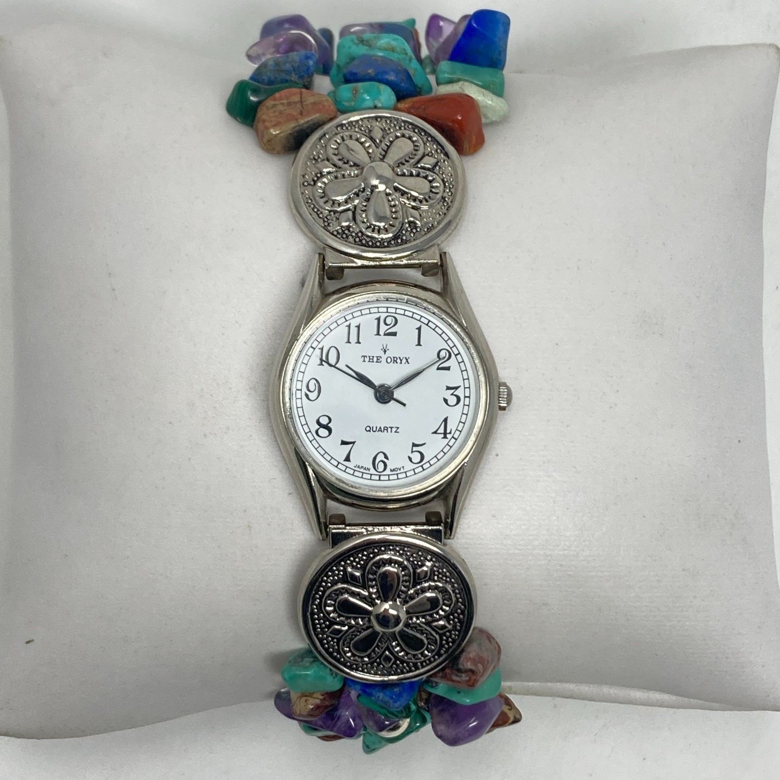 Women’s Gemstone Watch Silver Tone Amethyst Jasper Southwest New Battery 7.25″