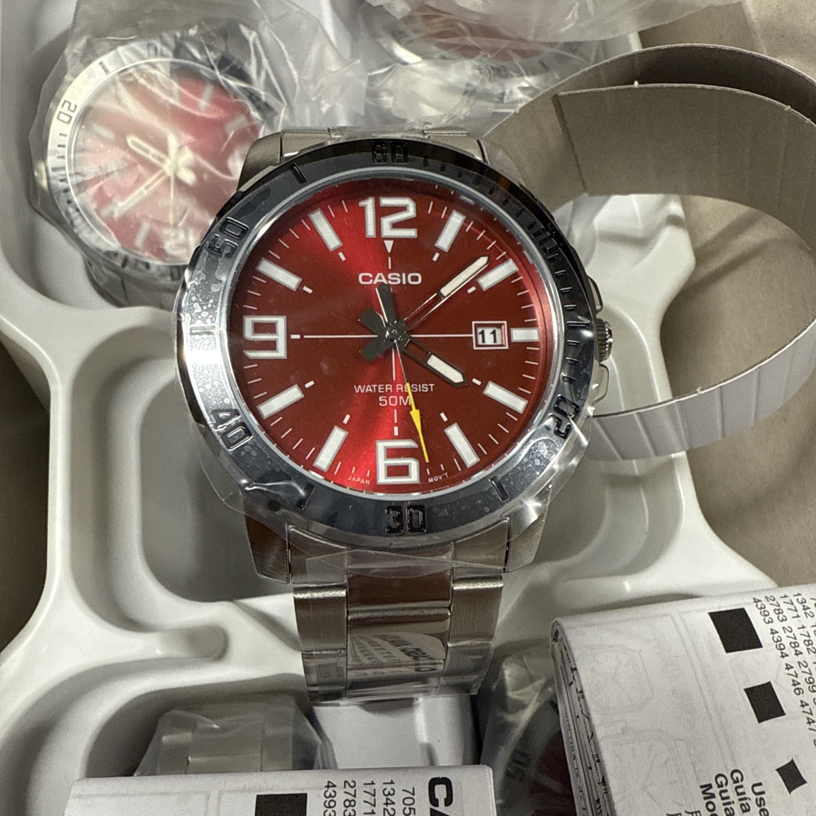 Casio MTP-VD01D-4BV Men’s Red Dial Silver Stainless Steel Watch Date Display New