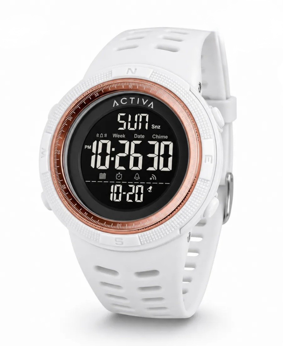 Activa Sport Quartz Digital Alarm Day/Date White Resin Strap Rose Gold Bezel
