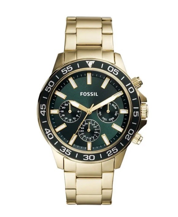 FOSSIL Mens Japan Movement Watch Dark Green Dial Gold SS Steel Band New
