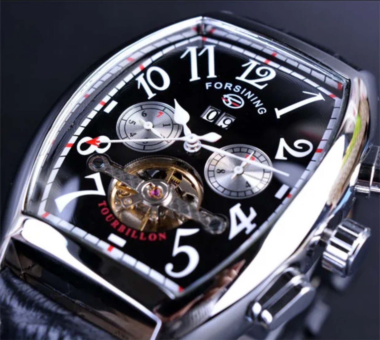 Forsining Automatic Watch Men Sport Tonneau Shaped Leather Waterproof Date Gift