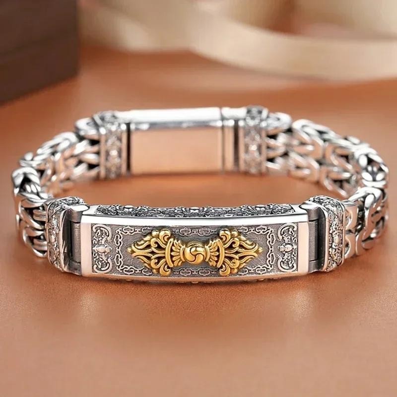 New Silver Color Plain S925 60.5g Silver Men Retro Cross Watch Chain Bracelet