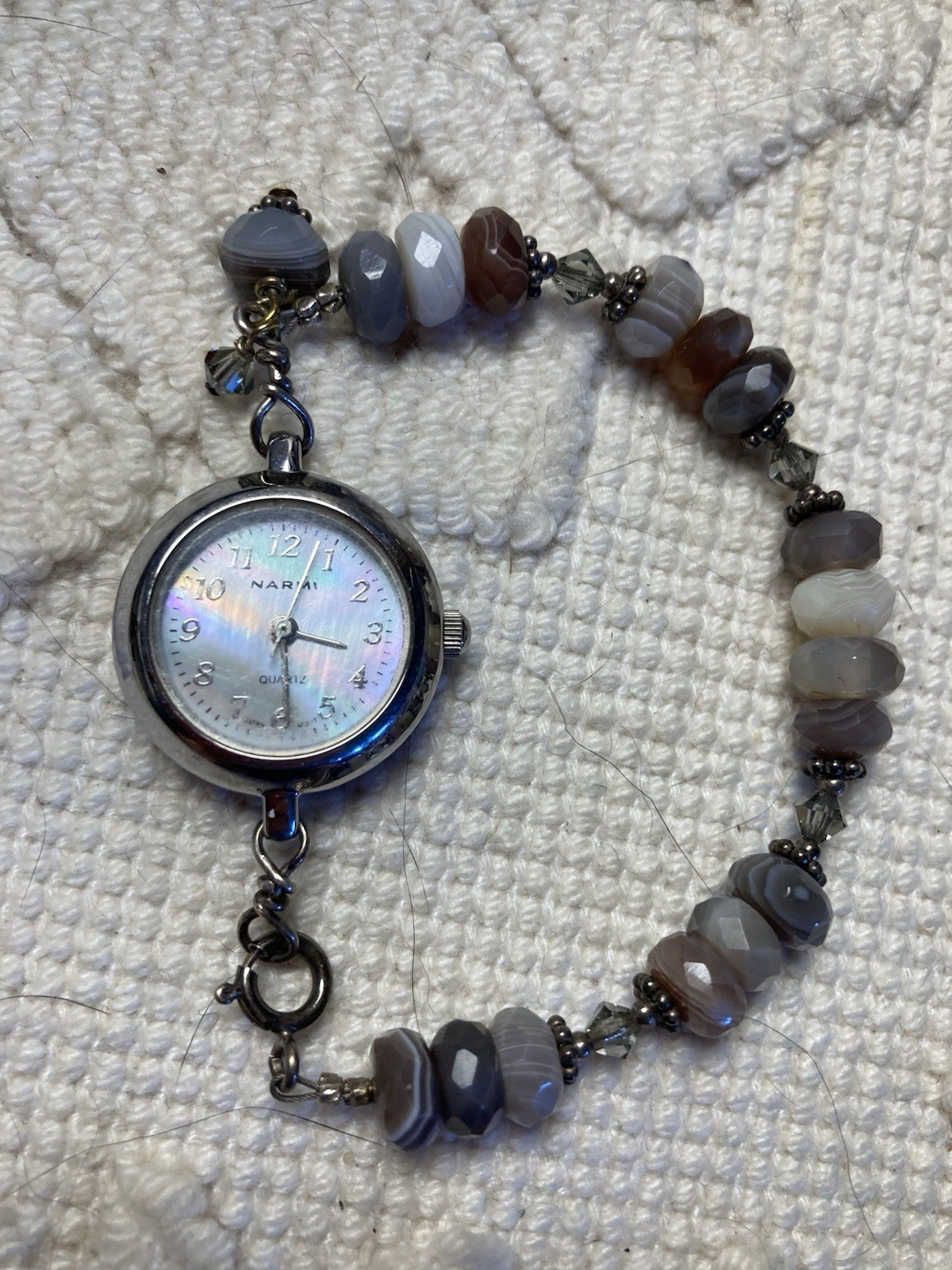 Silver Women’s Quartz Watch with Mother of Pearl Face On Cut Stone Bead Bracelet