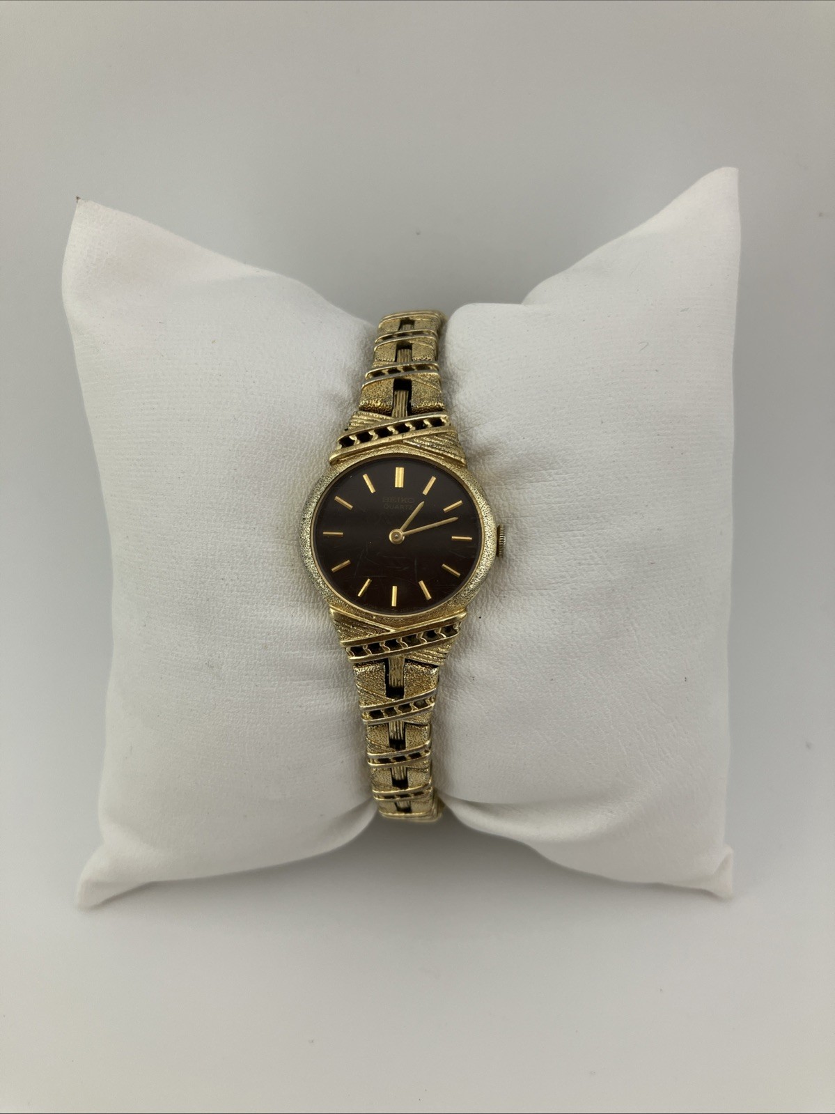 Vtg Seiko Ladies 20mm Watch Gold Tone Dark Brown Dial 6″ 1400-6960 -RUNS