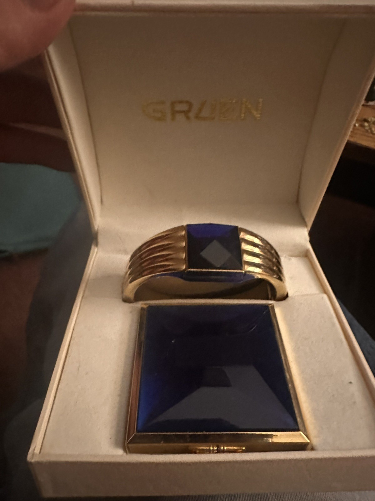 Gruen Quartz Watch Hidden Dial Hinged Bangle Bracelet Gold tone Blue Gem Faceted