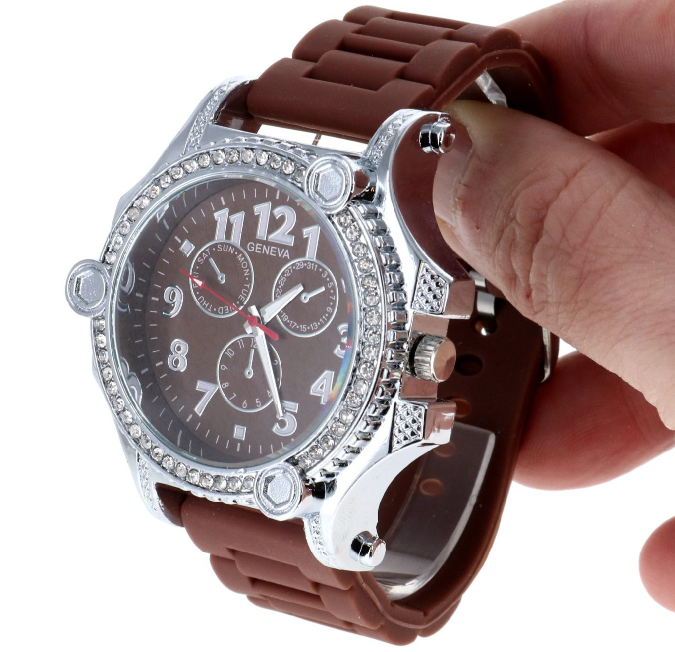 Heavy Men’s Iced Luxury Bezel Hip Hop Silver Tone Bezel Brown Silicone Band 54mm
