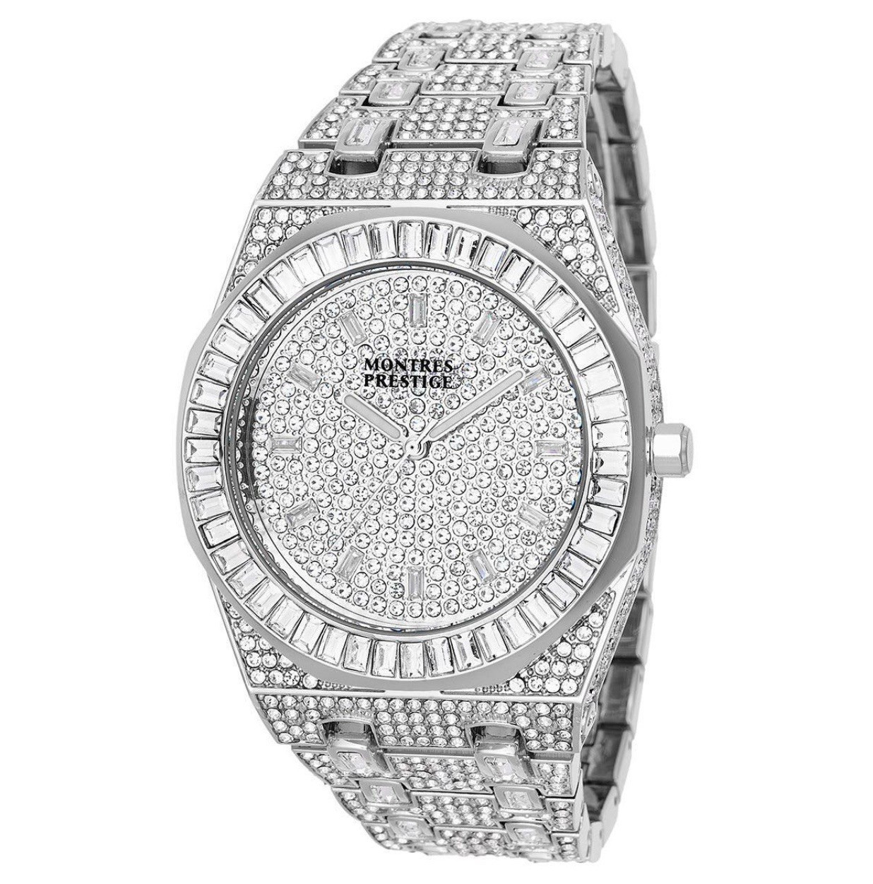 Montres Prestige Men’s Quartz Analog Silver Iced Out Crystal 44mm Box