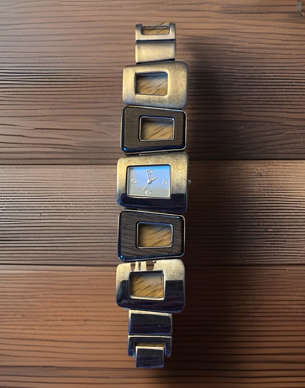 Wrist Watch Vintage Retro Wood And Metal Geometric Shape 1970’s Look New Battery