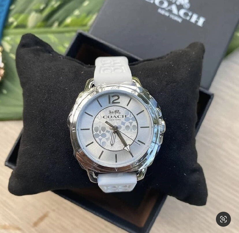 NWB 14503146 White Coach Women Boyfriend Logo-Embossed Rubber Strap Watch 34mm