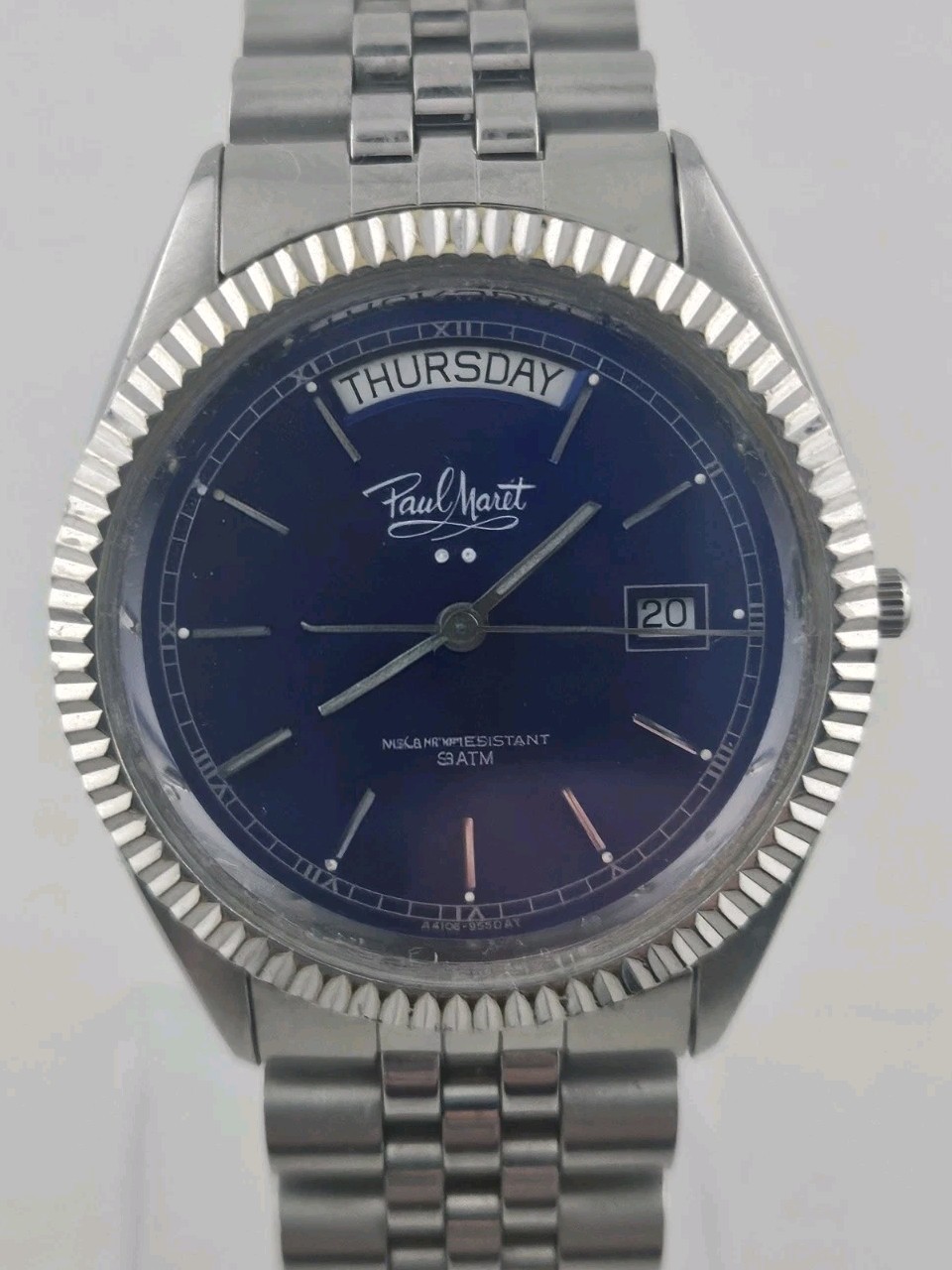 Mens Rare PAUL MARET Blue Sunray Dial Date Presidential Style Fluted Bezel Runs
