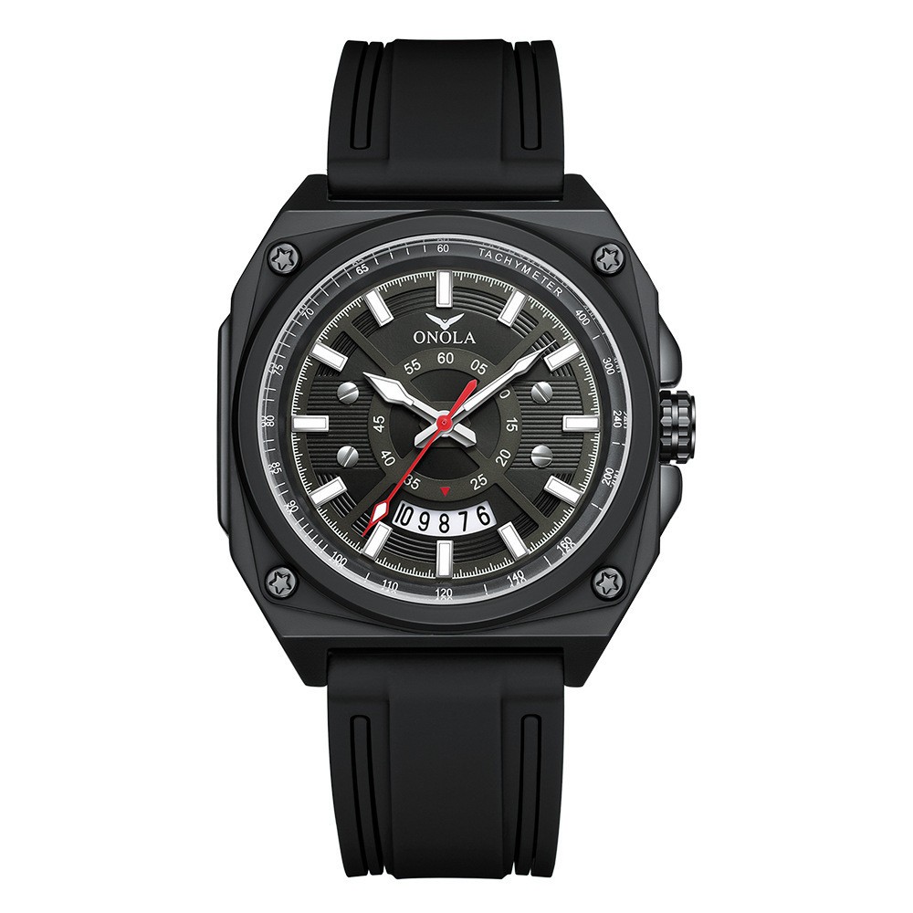 ONOLA Men’s Square Hollow Out Silicone Calendar Luminous Waterproof Quartz Watch