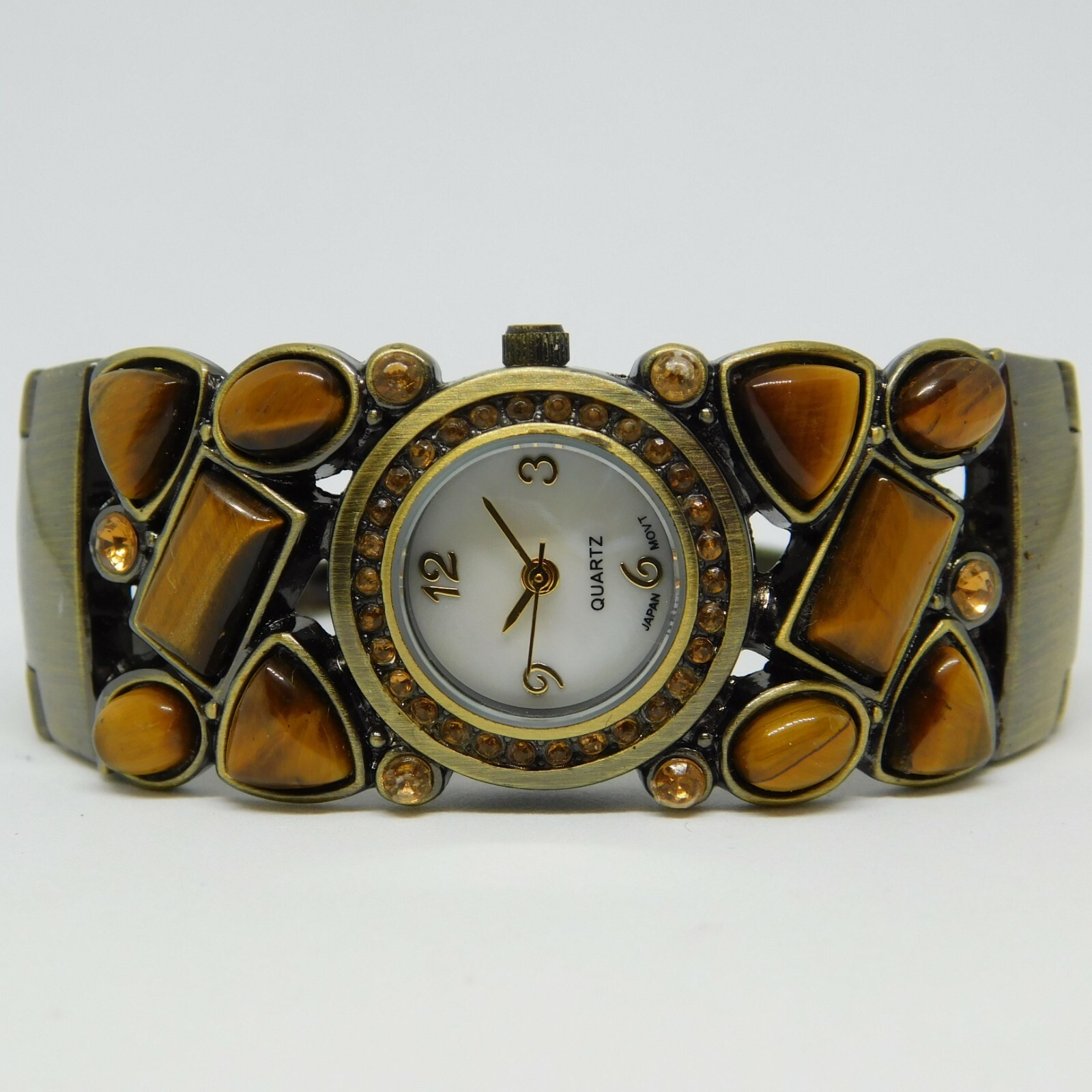 Bronze Tone Stones Inlay Quartz Analog Women’s Watch Sz. 6 1/4″ New Battery