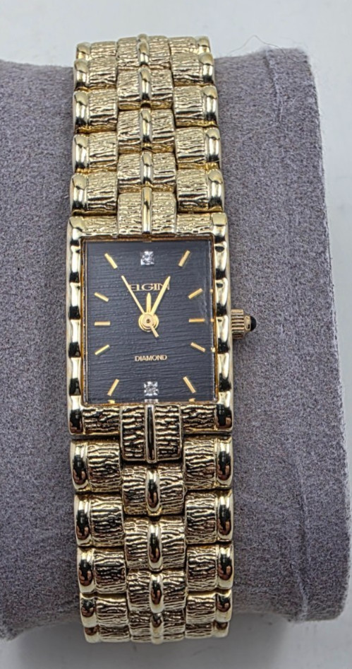 Vintage Elgin Gold Plated Rectangle Watch FG007N Black Textured Dial, Real Diamo