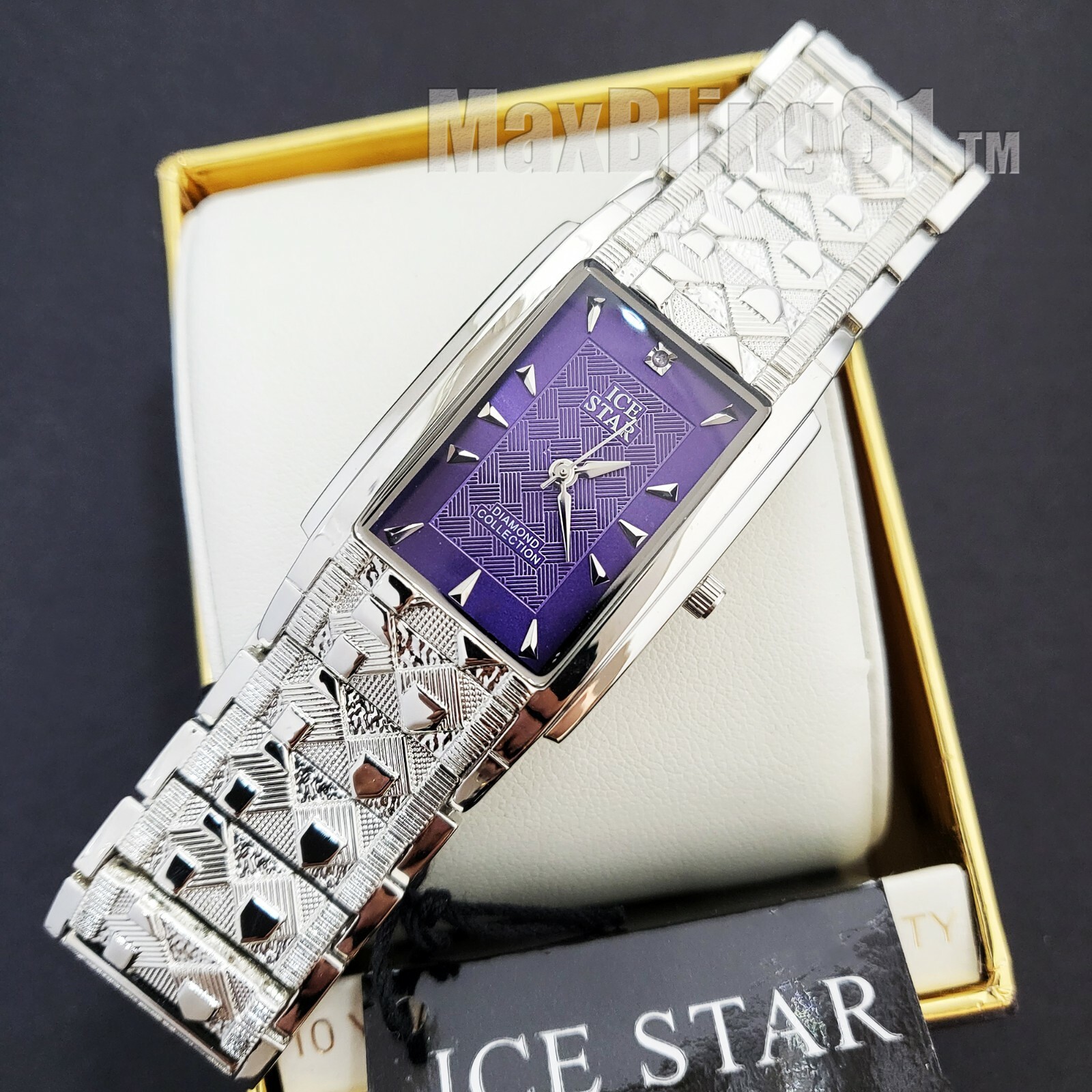 Men Luxury Lab Diamond Silver Finish Nugget Purple Dial Wrist Bling Metal Watch