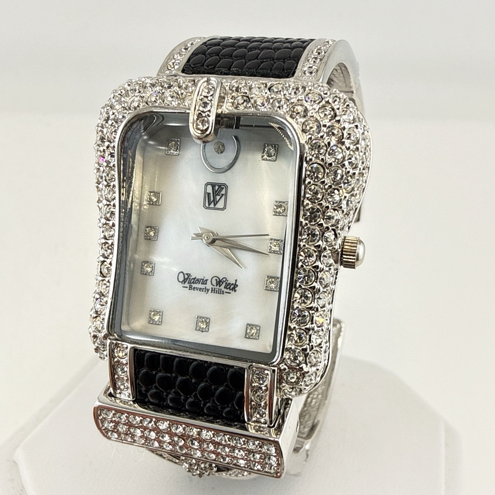 Victoria Wieck Watch Hinged Cuff Black Silver Tone Crystal Rhinestone * WORKS*