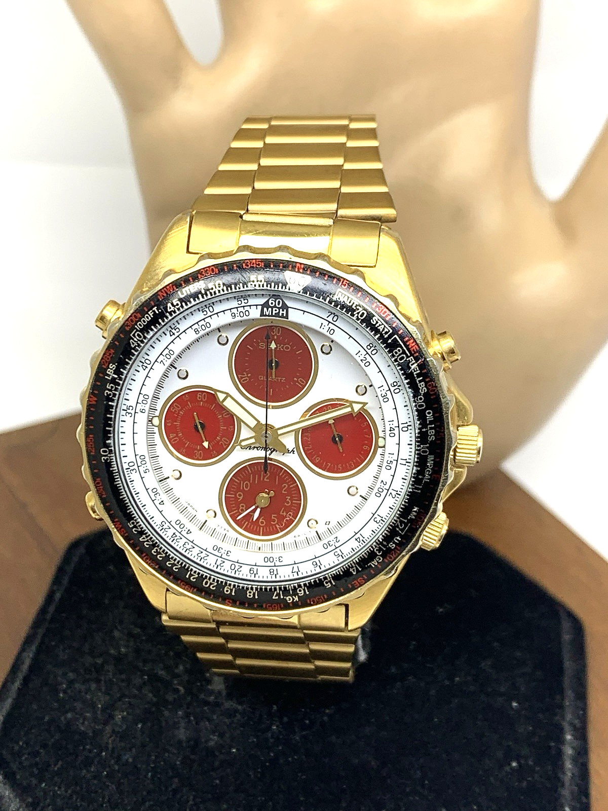 Seiko Flightmaster Mens Watch 7T34-6A0H Quartz White Red Vintage Gold Steel 40mm