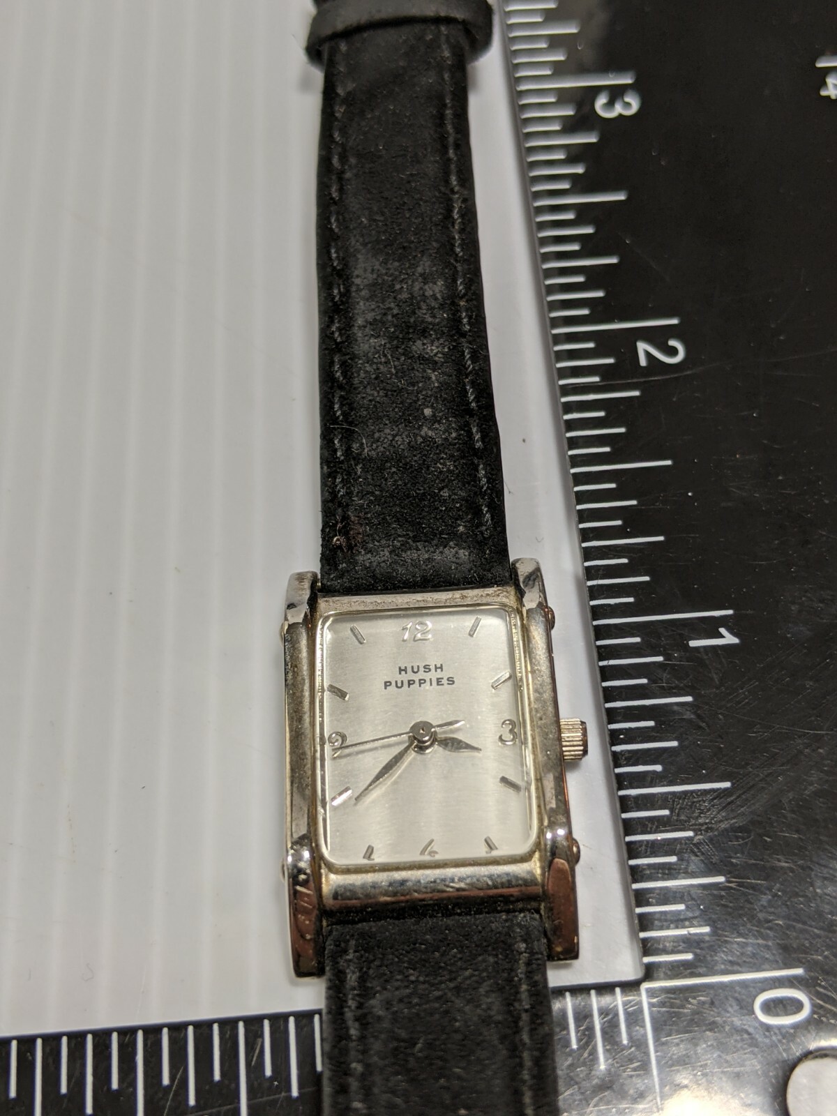 Hush Puppies Silver Tone Rectangle Face Black Suede Leather Band Watch 8 Inch