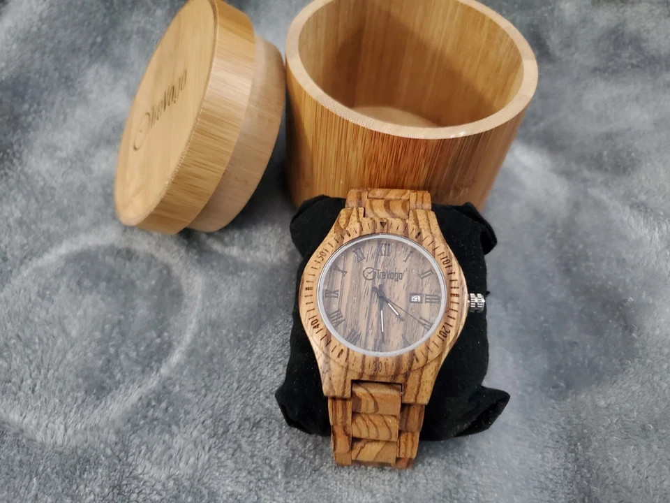 TREVOGO Men’s Watch Quartz Movement Light Brown Natural Wood-Made Band WOOD BOX