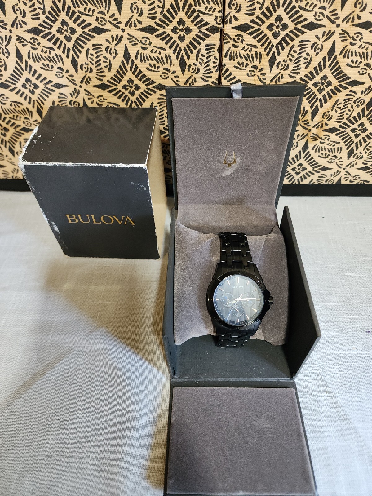 Bulova 98C121 Mens Black Dial & Band Chronograph Stainless Steel Watch w/Box