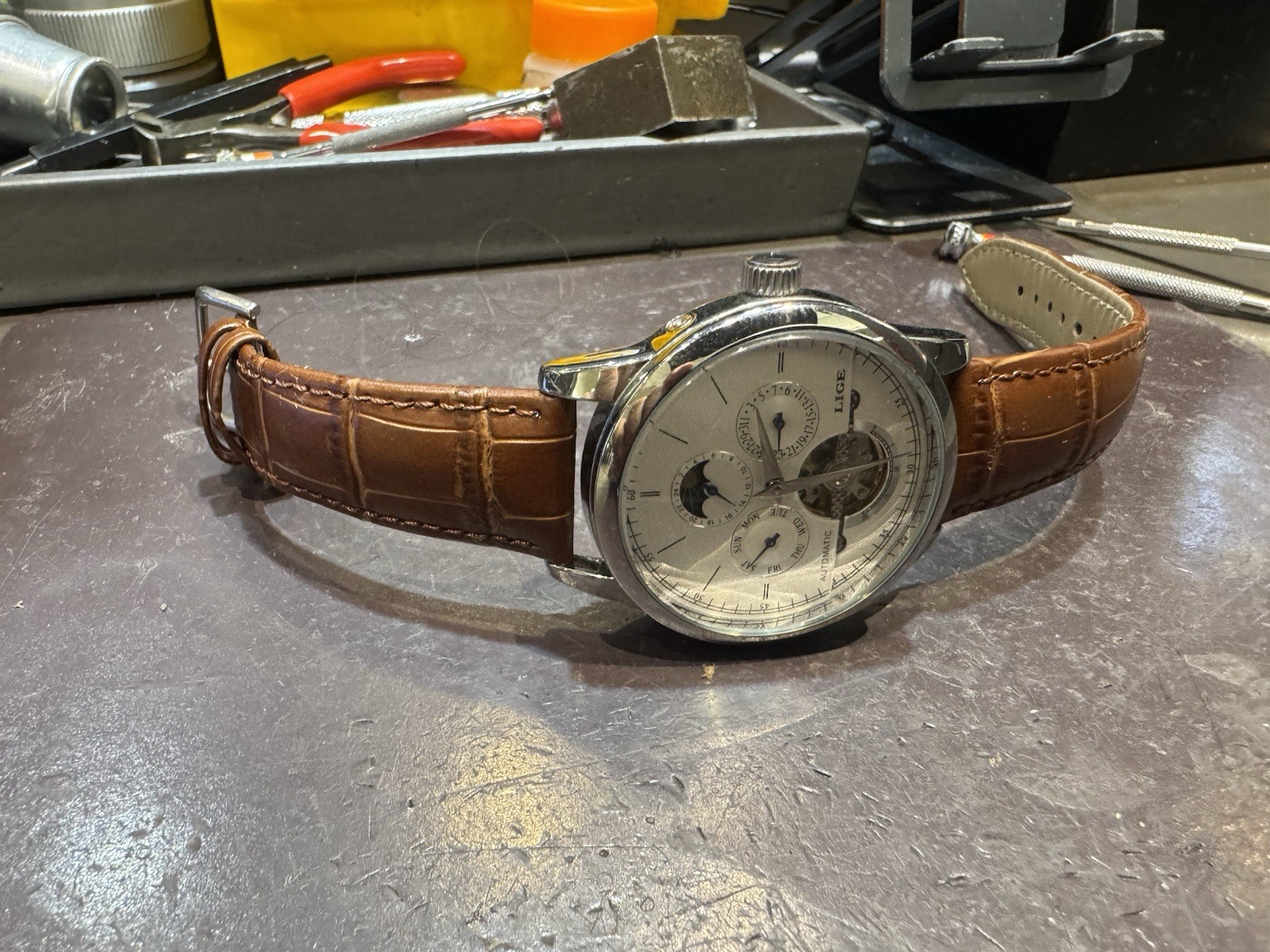 LIGE Automatic Men Watch Tourbillon 43MM Leather Strap DAY & DATE PRE-OWNED