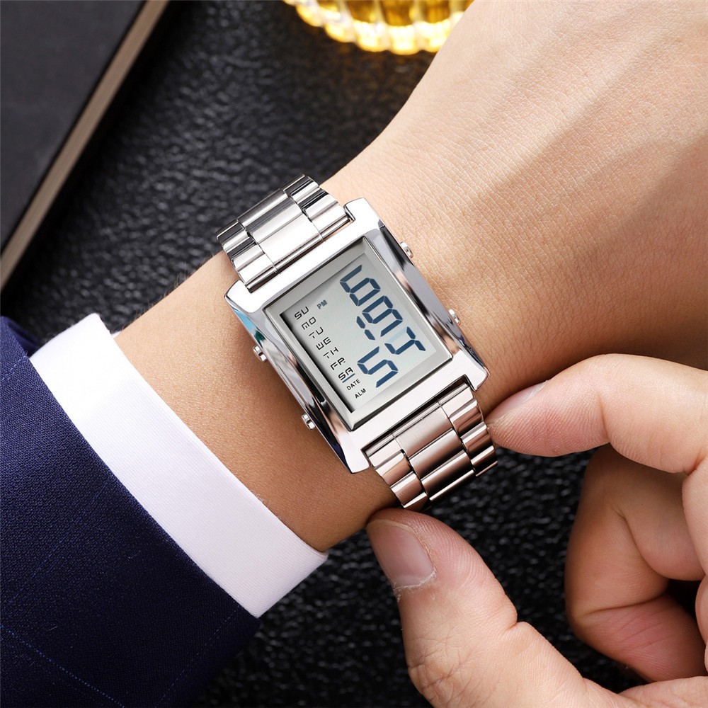 SKMEI Men Watch Rectangle Digital Wristwatch Steel Countdown Stopwatch Boy Watch