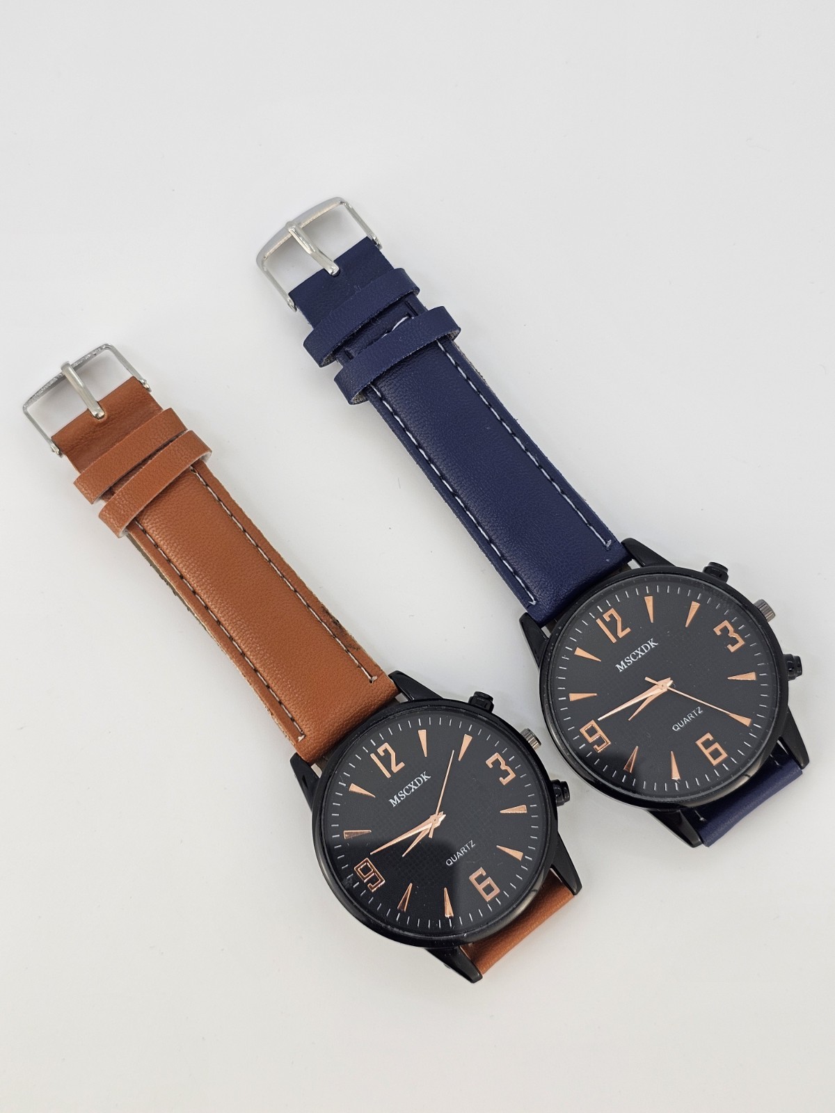 2X Men’s Analog Watches 40MM Black Dial Brown Blue Faux Leather Band New Battery
