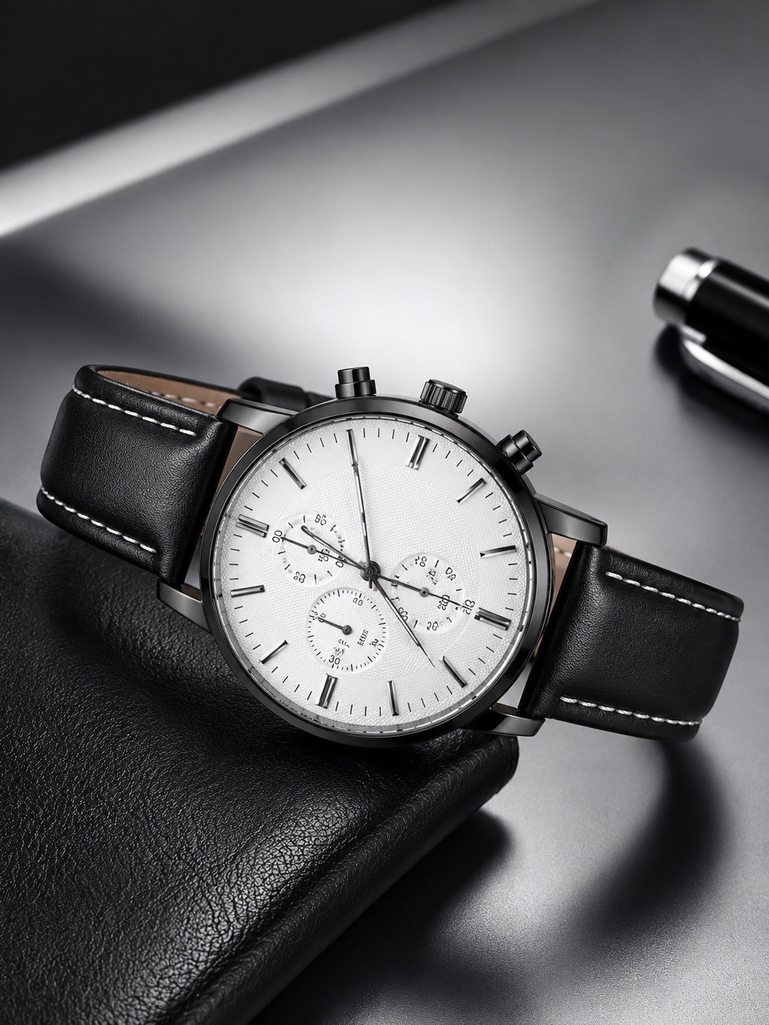 Men’s Black Strap Quartz Watch White Dial Silver Tone Classic Analog Dress Watch
