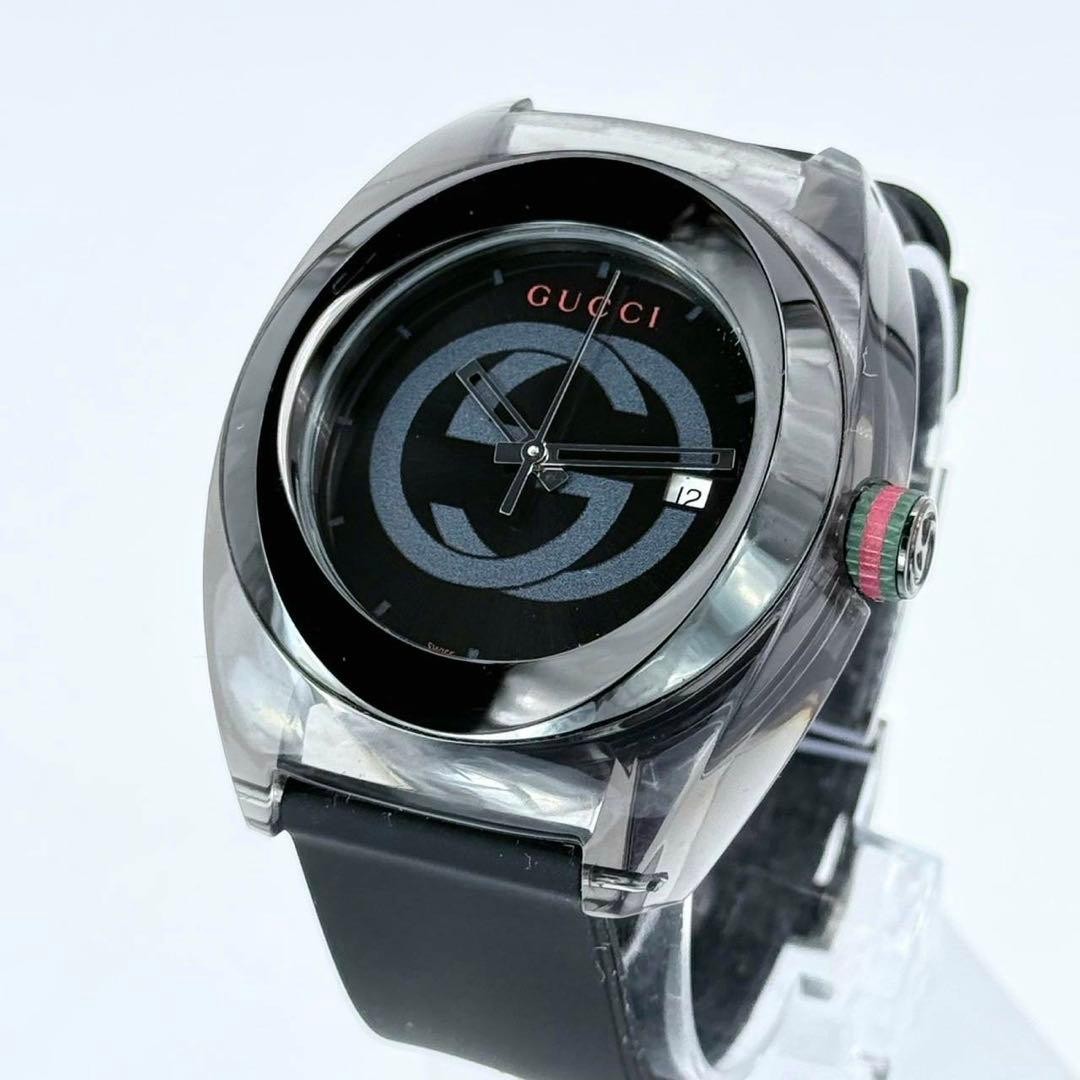 Gucci 137.1 Sync Quartz Black Dial Date Leather Strap Mens Watch Auth