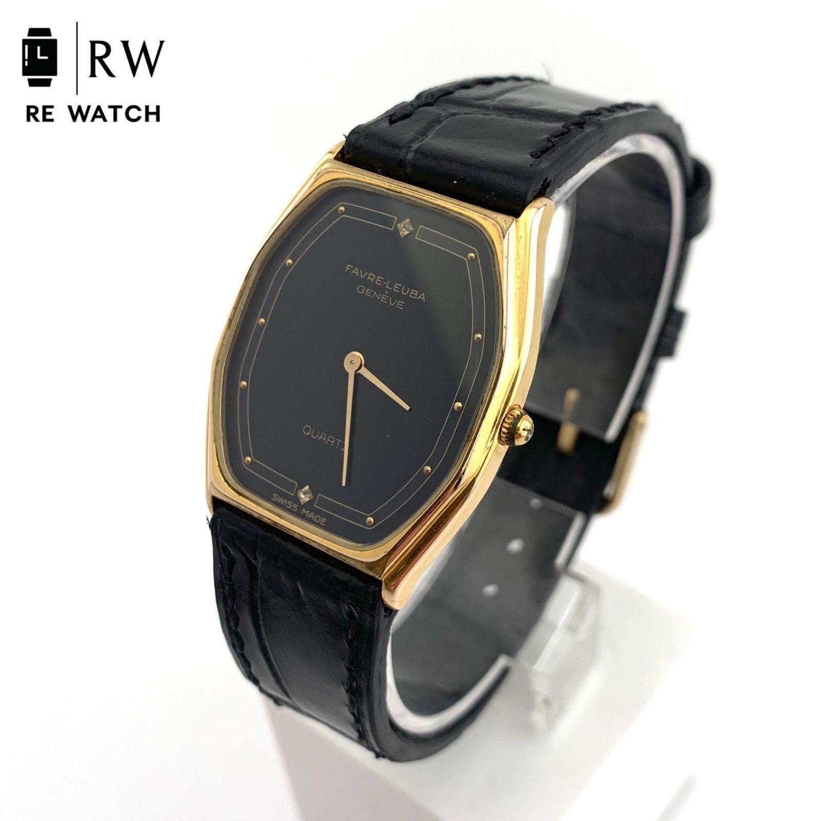 Favre Leuba Geneve Quartz Watch 18cm 7.08in Black Gold Working Vintage Japan