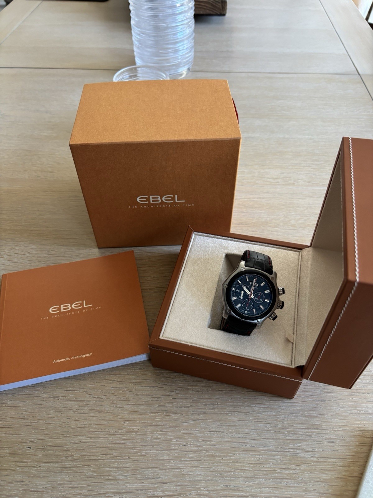 EBEL 1911 BTR 44mm Automatic Chronograph Black Dial Leather Strap Box Booklet