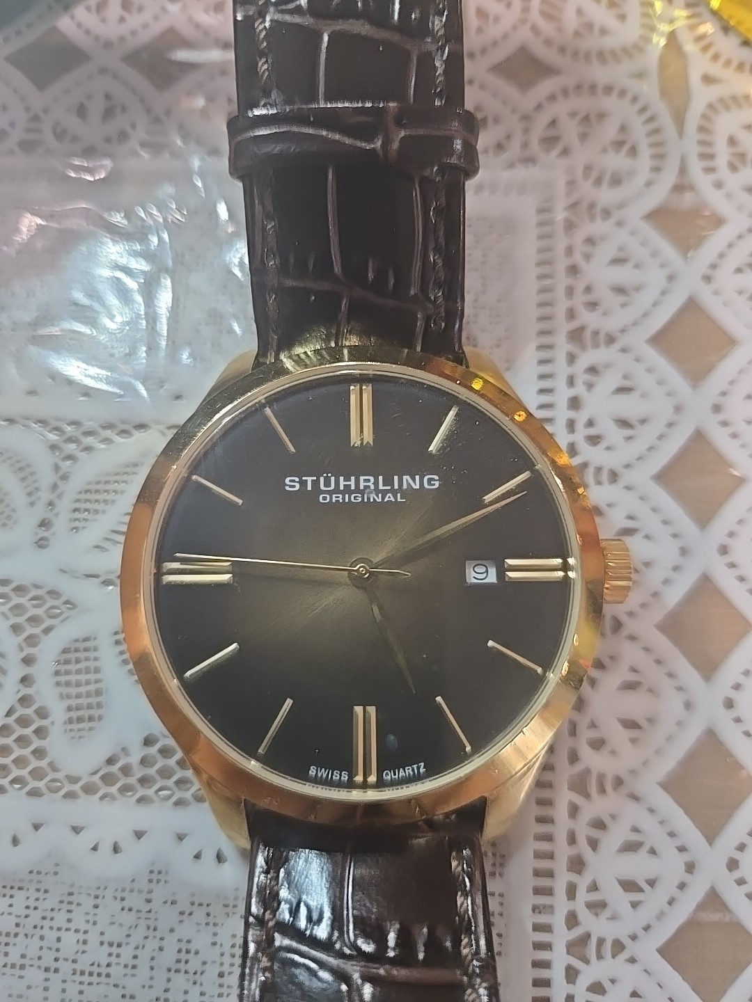 Stuhrling Original Cuvette II Quartz Brown Leather Strap Mens Watch Tang Buckle
