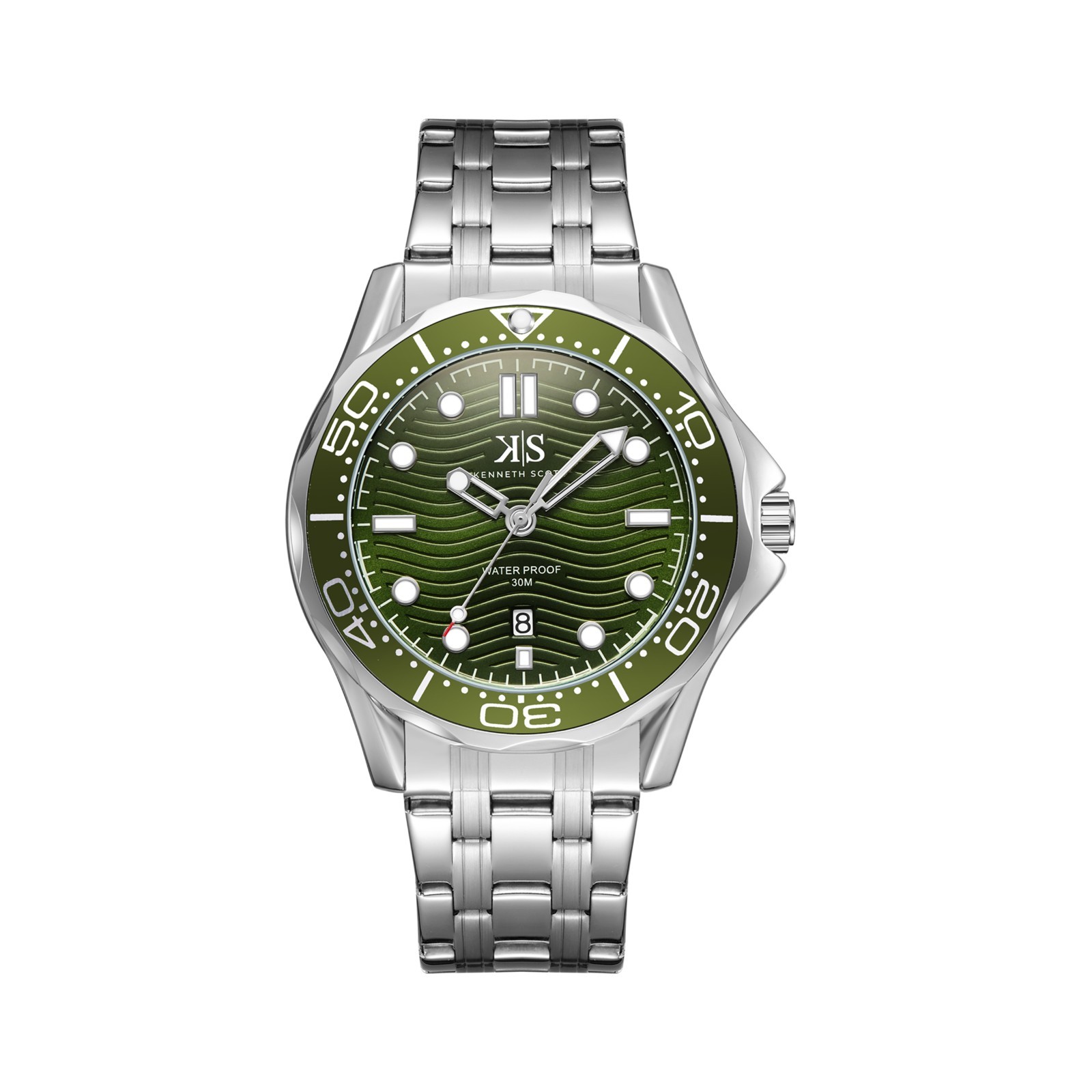 Kenneth Scott Men’s Analog Casual Watch | Green Dial, Silver Case & Strap, 48mm