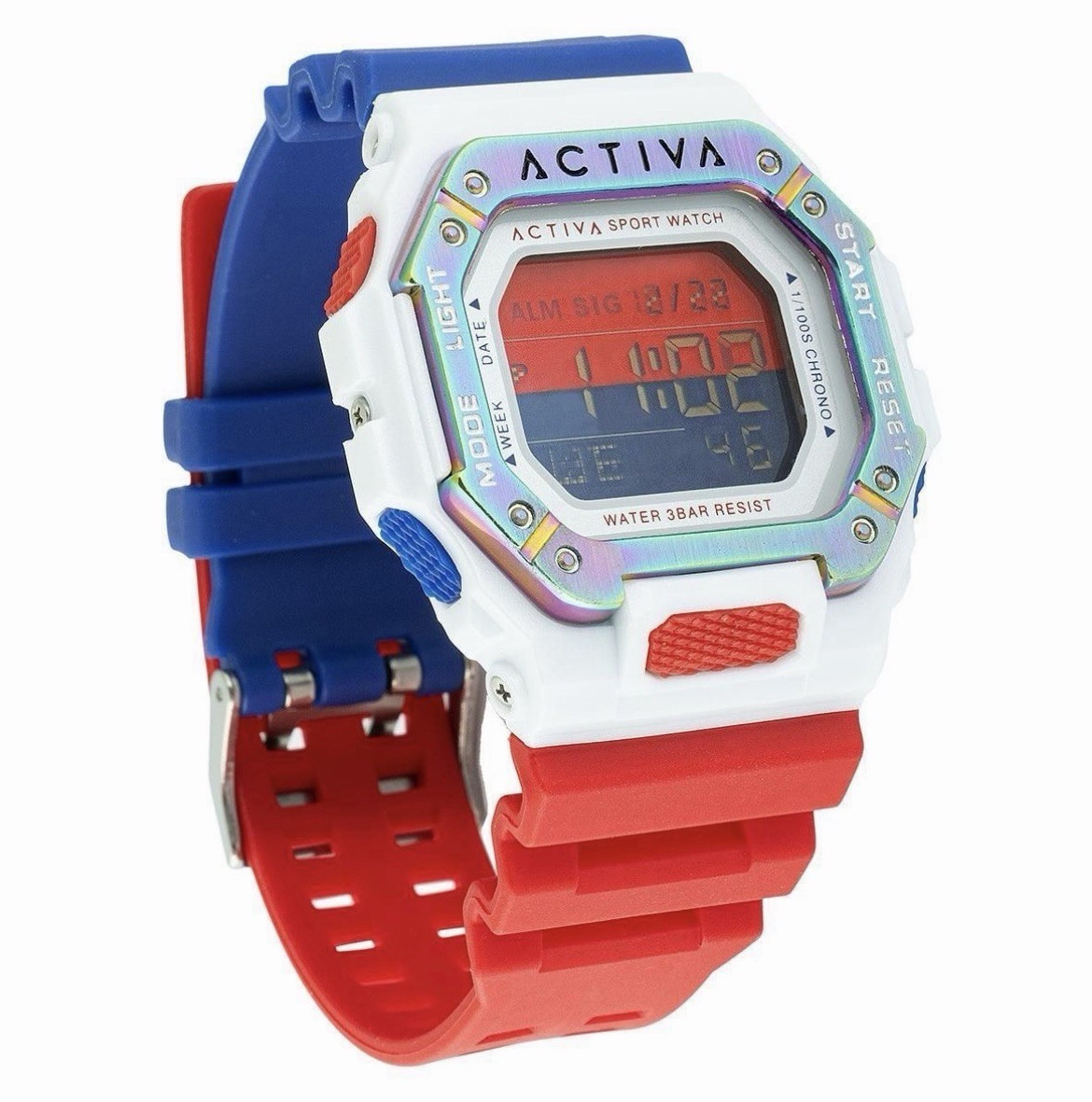 ACTIVA Sport Digital Quartz Watch 30m Alarm Chrono Date Light Blue/Red w/ Box