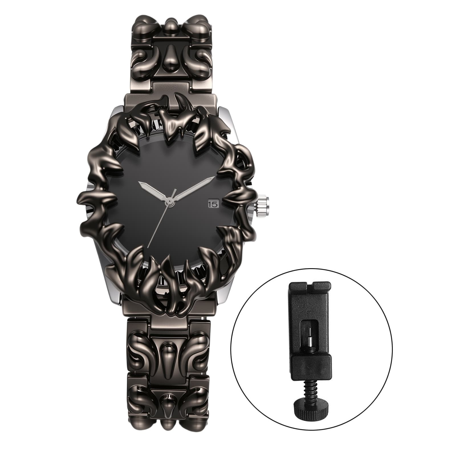 Men Punk Y2K Embossed Flame Adjustale Strap Date Luminous Wrist Watch for Party