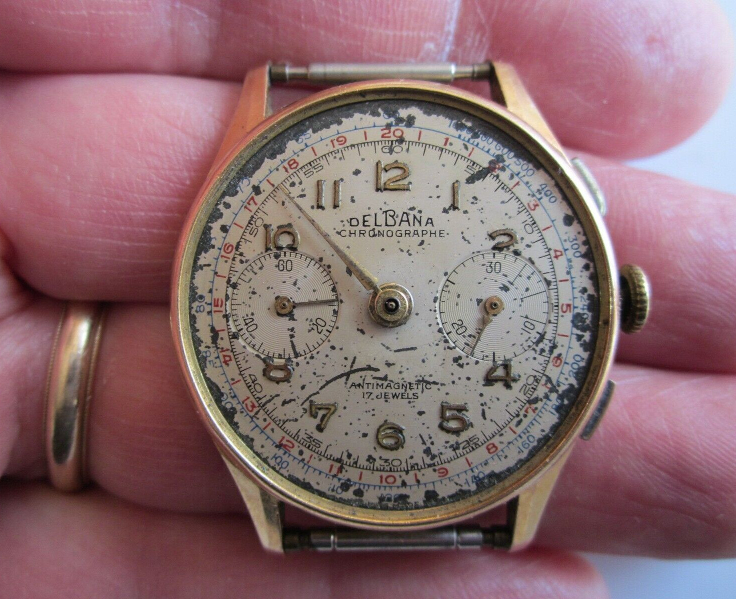 DelBana Chrono Mens Watch c1930s 18K Gold OffWhite Dial CLEAN AS IS G2U