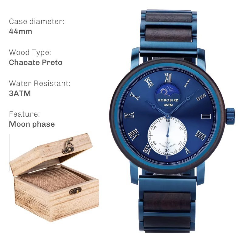 BOBO BIRD 44mm Wood Stainless Steel Engravable Mens Watch Roman Numeral Gift Box